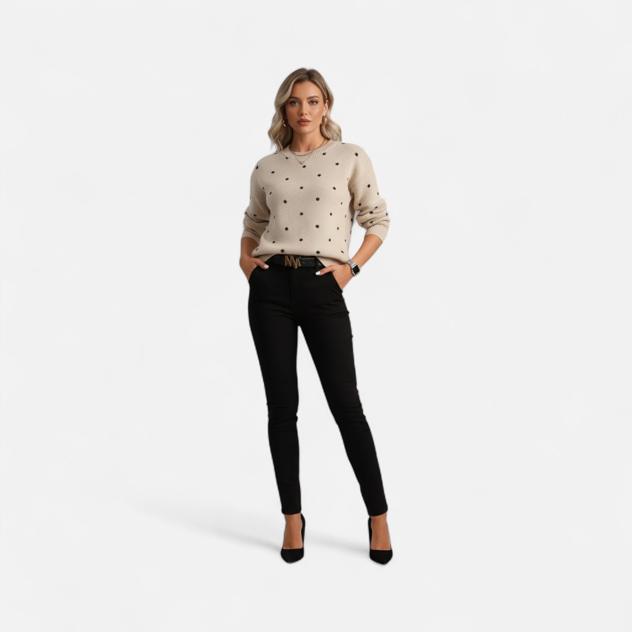 Fawnbury | Women’s Polka Dot Knit Crew Neck Sweater